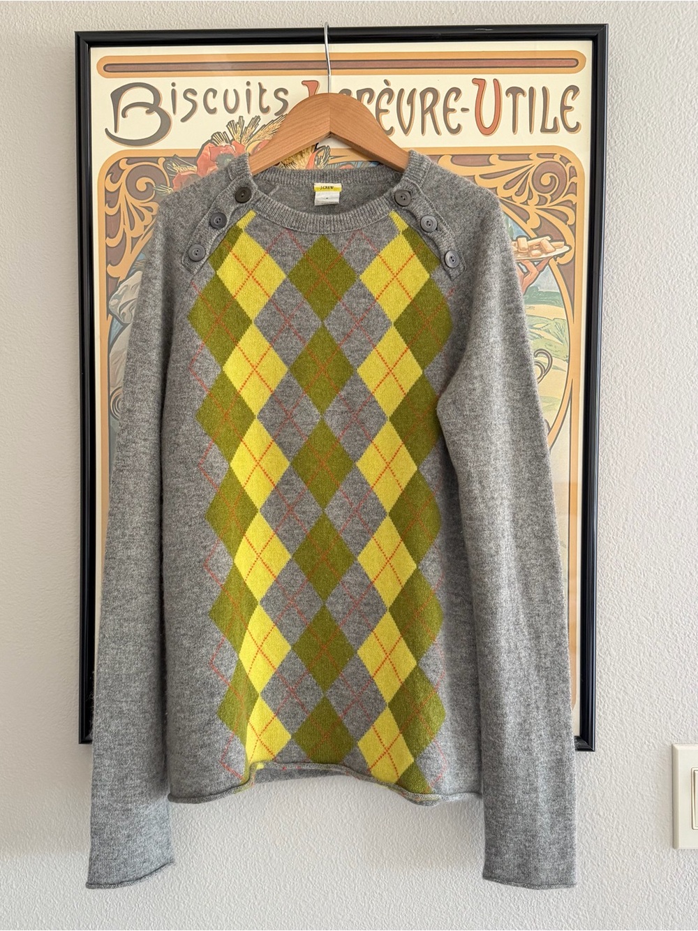 Re-Posh J. Crew Almost Vintage! Women's Grey/Yellow Argyle Cashmere Sweater - M